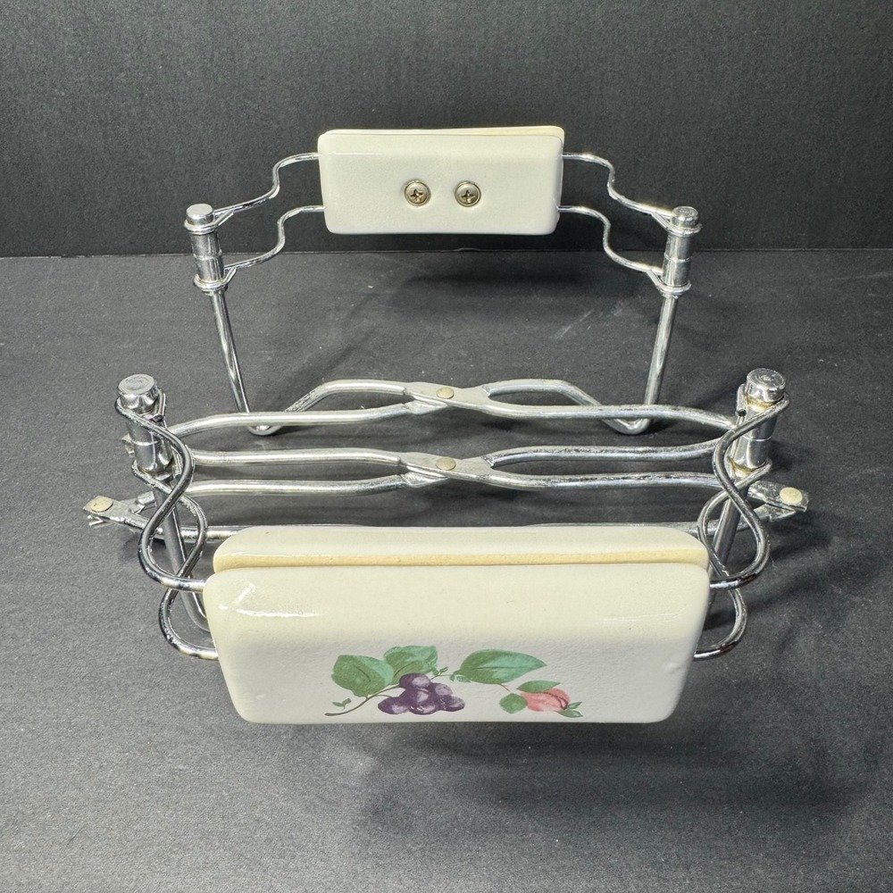 Vintage Pfaltzgraff Expandable Trivet Metal Ceramic Grapevine Accordion Rack EUC